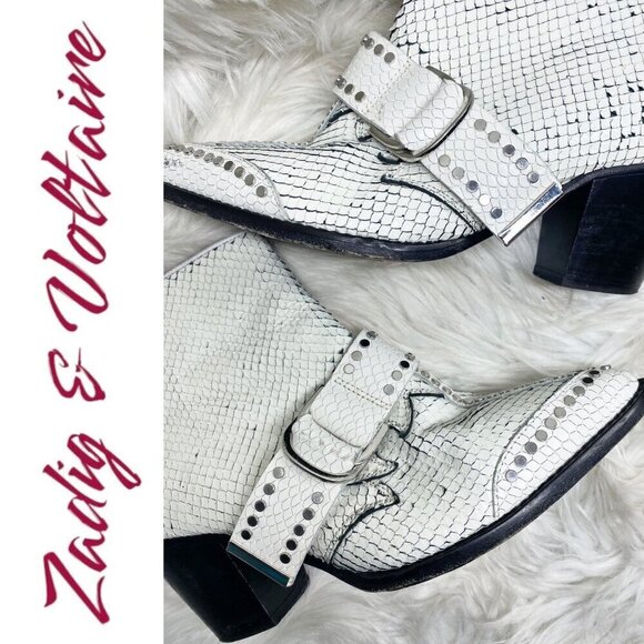 ZADIG & VOLTAIRE White Leather Snakeskin Urban Cowboy Studded Ankle Bootie, 37 - Picture 12 of 12